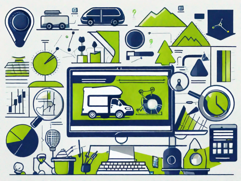 A recreational vehicle (rv) with various marketing tools like a magnifying glass