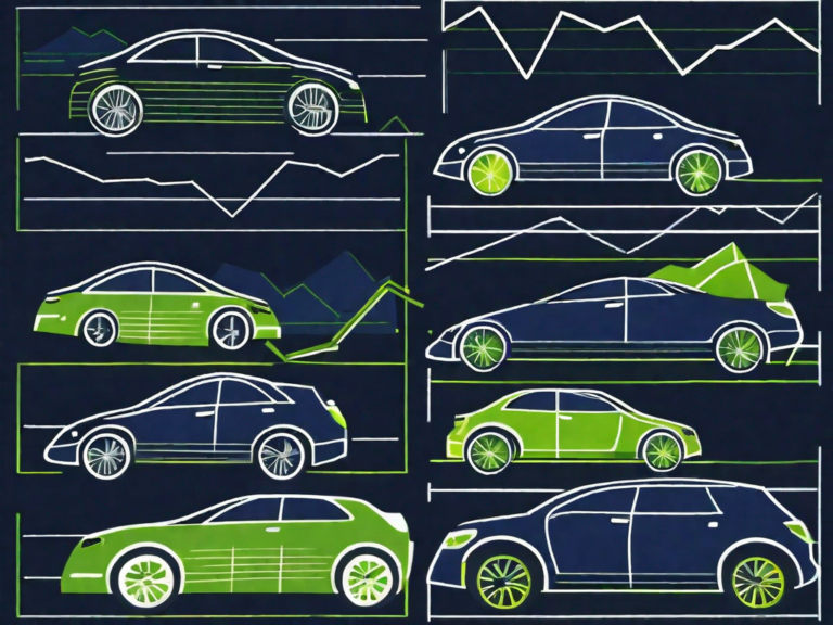 A car dealership lot with different types of cars and a large graph overlay indicating sales data